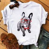 Fashionable Bulldog Cartoon Print Ladies T-shirt