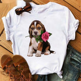 Fashionable Bulldog Cartoon Print Ladies T-shirt