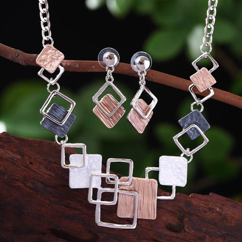 Necklace And Earrings Kit Zinc Alloy Geometric Square Color Oil Necklace Hollow Female