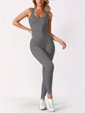 Women's Ribbed Solid Color One Piece Jumpsuit, Form-Fitting Sensual Activewear, Classic Sleeveless Full-Length Pants For Sport Casual Wear