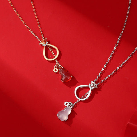 Women's Sterling Silver Retro Ethnic Style New Chinese Style Red Agate Gourd Clavicle Chain