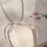 Ballet Girl Day Tie Pearl Sweet Black Ribbon Bow Choker Temperament Lace-up Necklace