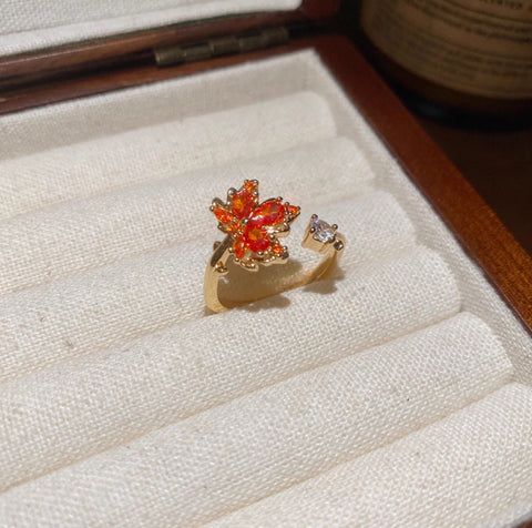 Zircon Red Maple Leaf Ring Female Fashion High Sense Opening Adjustable Design Index Finger Ring