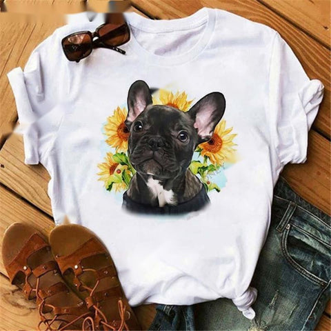 Fashionable Bulldog Cartoon Print Ladies T-shirt