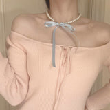 Ballet Girl Day Tie Pearl Sweet Black Ribbon Bow Choker Temperament Lace-up Necklace