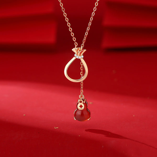 Women's Sterling Silver Retro Ethnic Style New Chinese Style Red Agate Gourd Clavicle Chain