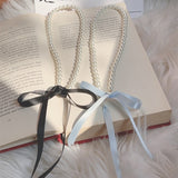 Ballet Girl Day Tie Pearl Sweet Black Ribbon Bow Choker Temperament Lace-up Necklace