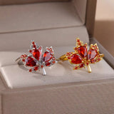 Zircon Red Maple Leaf Ring Female Fashion High Sense Opening Adjustable Design Index Finger Ring