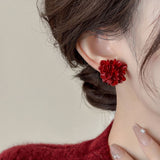Ankela Red Camellia Stud Earrings Female High Sense Niche