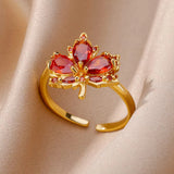 Zircon Red Maple Leaf Ring Female Fashion High Sense Opening Adjustable Design Index Finger Ring