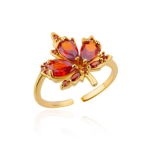 Zircon Red Maple Leaf Ring Female Fashion High Sense Opening Adjustable Design Index Finger Ring