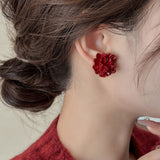 Ankela Red Camellia Stud Earrings Female High Sense Niche