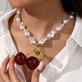 Copper resin cherry pendant beaded irregular pearl necklace, suitable for women everyday and party wear