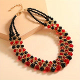 3 rows of black and red women's necklaces, Bohemian style, gorgeous feminine decorative jewelry!