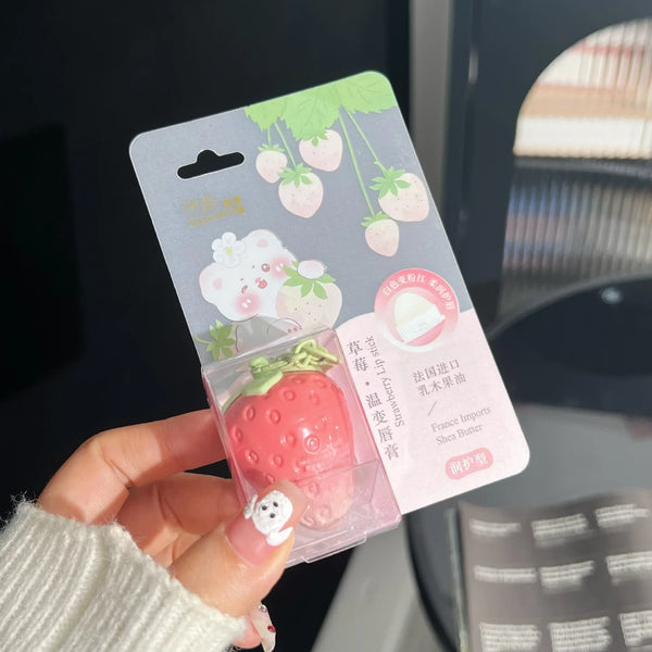 1pc Strawberry Keychain Warming Lip Balm Long Lasting Natural Pink Lipstick Tint Color Changing Lipstick Fruity Lips Care Makeup