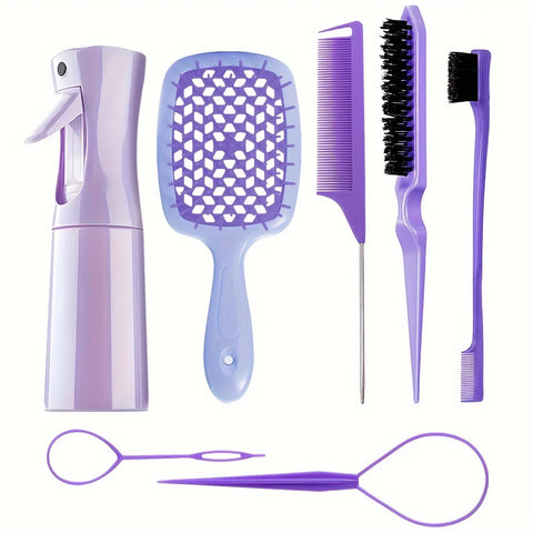 Hair Styling Kit for All Hair Types - 7Pcs Set with Detangler Brush  Bristle & Double-Sided Edge Brushes Scalp Massager Salon