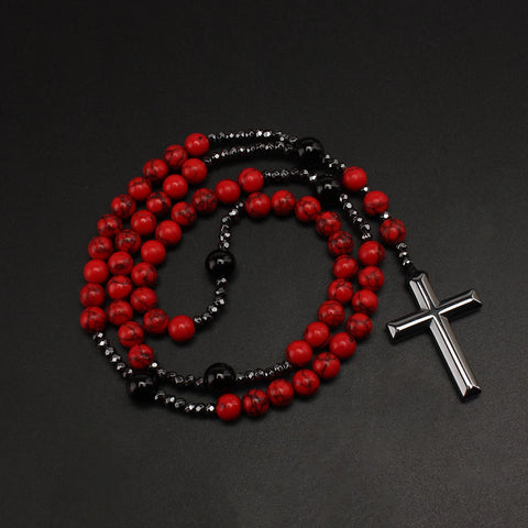 Natural 8mm Red Turquoise Beads with Hematite Cross Pendant Necklace for Men and Women