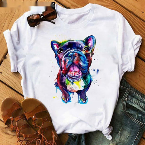 Fashionable Bulldog Cartoon Print Ladies T-shirt