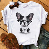 Fashionable Bulldog Cartoon Print Ladies T-shirt