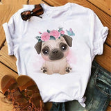 Fashionable Bulldog Cartoon Print Ladies T-shirt
